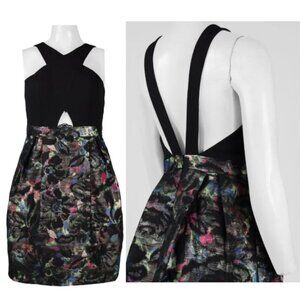 Aidan Mattox Mini Dress Cross Neck Cutout Jacquard Size 10 Black Multi
